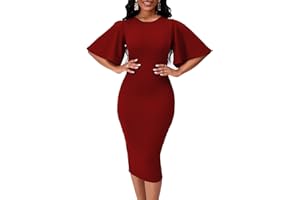 WANMEM Womens Bodycon Ruffle Flared Short Sleeve Work Midi Dress Business Office Casual Pencil Dress