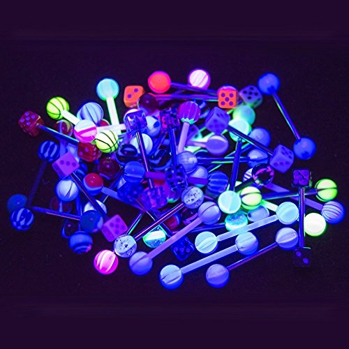 50pc 14g Tongue Ring Black UV light glow Bio-Flex and steel By Eg Gifts