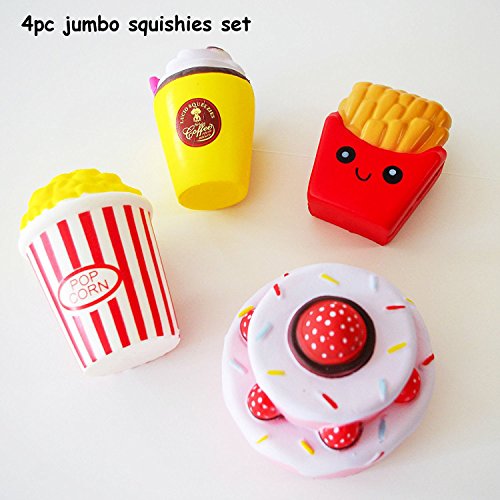 image for HIGO TOY 4pc Jumbo Squishies Set Popcorn French Fries Coffee Cup Scent