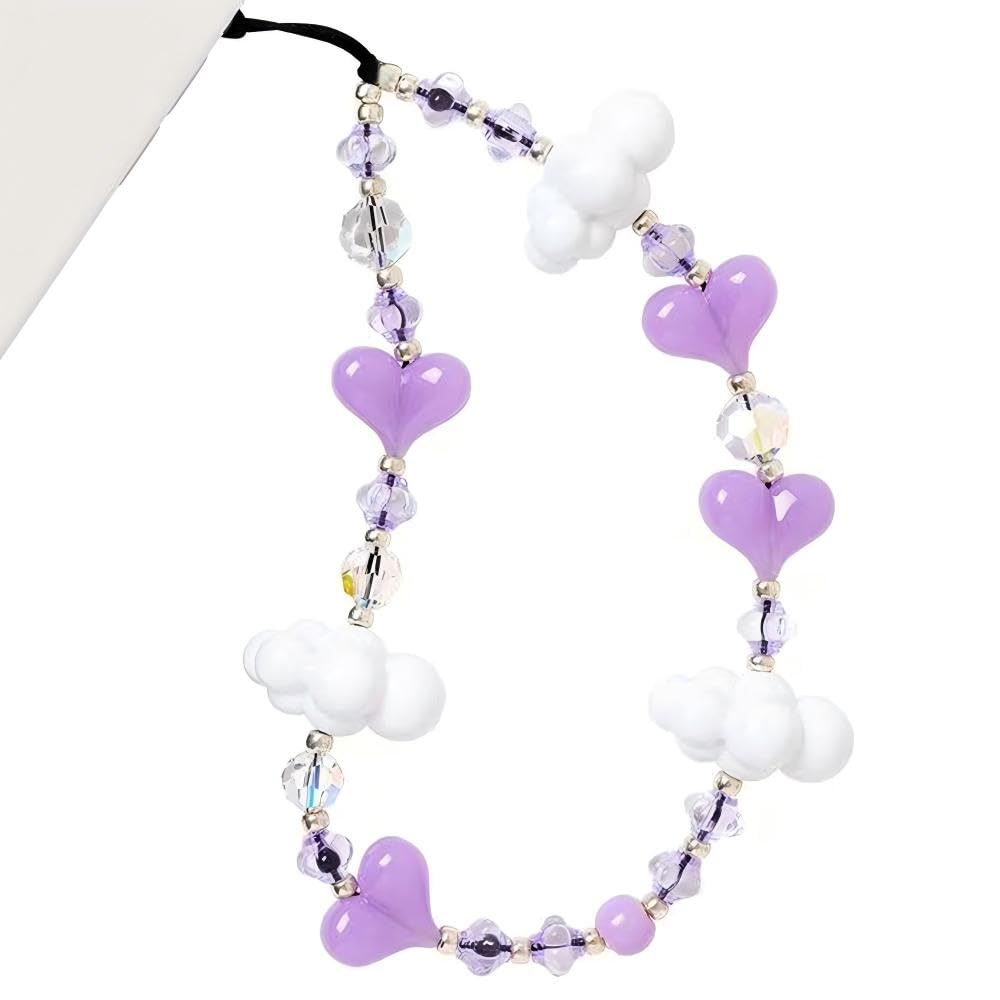 WCCH Beaded Phone Charm Y2K Kawaii Handmade Acrylic Phone Lanyard Wrist Strap for Camera Bag Airpods Keychain Charm Purple Heart with White Clouds