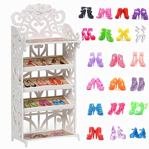 DoubleWood 1 Doll Shoes Rack + 20 Pairs Doll Shoes Replacement Playset Accessories Different