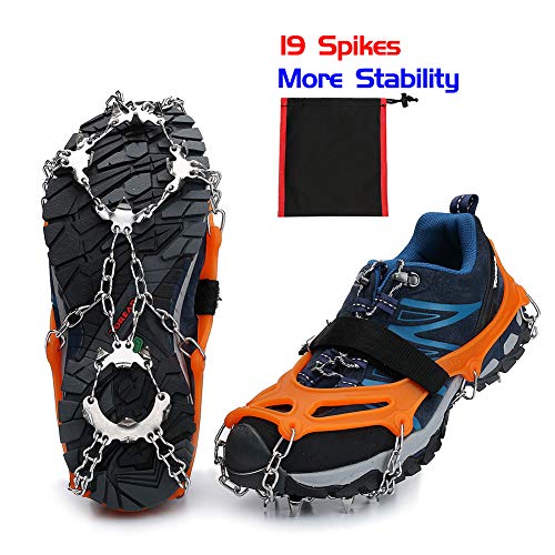 Crampons Traction Cleats Ice Cleats Snow Grips Grippers Anti Slip Stainless Steel Microspikes with 19 Spikes 1 Free Pouch for Men Women Boots Shoes Hiking Backpacking Mountaineering