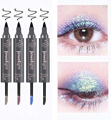 Two-in-one Shimmer Eyeliner + Pearl Liquid Eye Shadow, Natural Eye Liner Pencil Eyeliner Pen Long Lasting Smudge Proof Waterproof No Dripping Winged Eyeliner Stamp Black Liquid Eyeliner (5#)