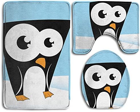 Square Headed Penguin 3-Piece Soft Bath Rug Set Includes Bathroom Mat Contour Rug Lid Toilet Cover Home Decorative Doormat