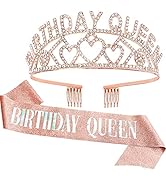 Birthday Crowns for Women, Didder Rose Gold Birthday Sash & Queen Rhinestone Tiara Kit, Tiaras an...