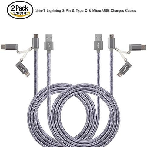 MINLU (TM) 2Pack 3.3Ft Lightning to Micro USB &amp; Type C Charging and Sync 3-in-1 Cable for iPhone, iPad, iPod Touch/Nano, Android, Samsung /HTC/blackberry/ Motorola/Sony/New Macbook/N1/6P/5X (Gray)