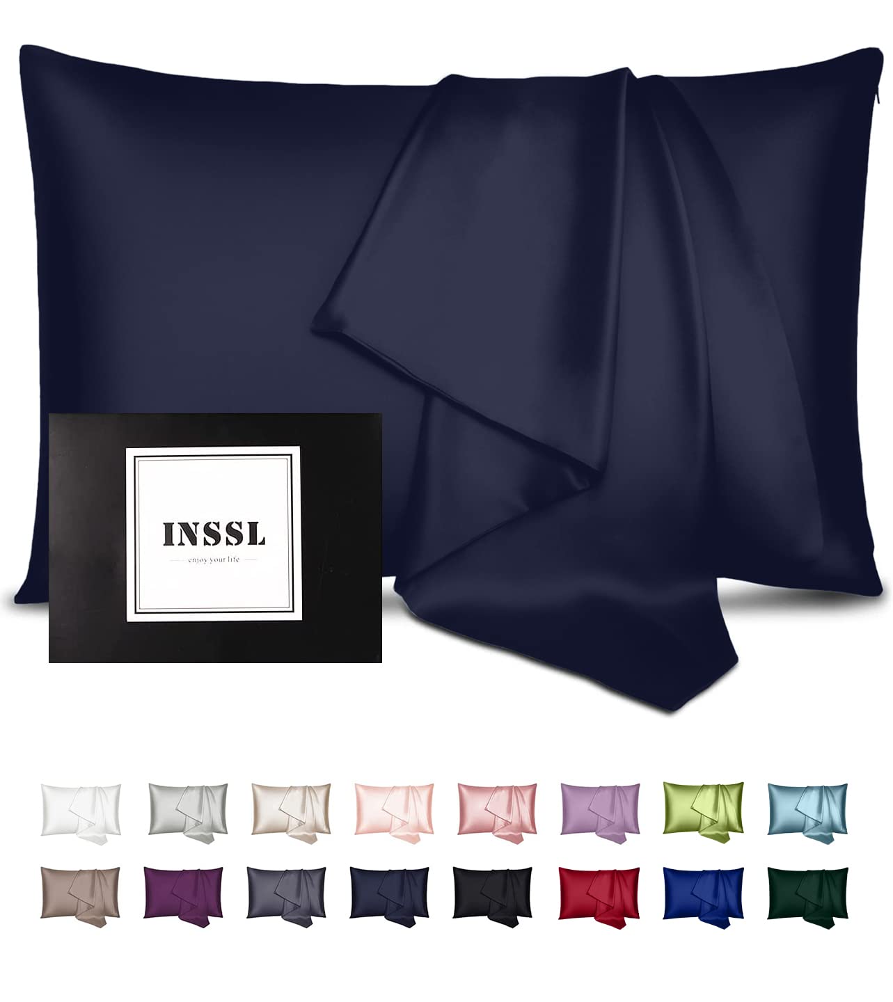 INSSL Silk Pillowcase for Women, Mulberry Silk Pillowcase for Hair and Skin and Stay Comfortable and Breathable During Sleep (Navy Blue, Standard)