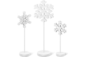 BBTO 3 Pcs Christmas Snowflake Table Decorations Tall Standing Snowflake Wood Sign Block Winter Wooden Xmas Standing Table Sign Christmas Fireplace Decoration for Xmas Party