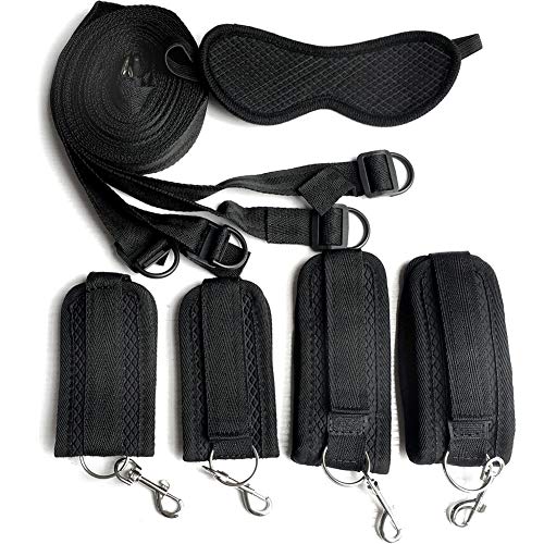 6 Piece Bondage Restraints Set Kit for Bed and Under Bed Sex Play SM Bondage Toy Gear Cuffs Handcuff Eye Mask Leg Ankle Wrist Rope Strap On Harness for Women Couples Lesbian Female,Black