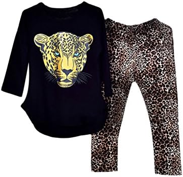 Kidlove Leopard Head Print T-shirt Skinny Legging Pants Girls Clothing Set Outfit Girls Clothes Pajamas Size 8 Size 7 Black