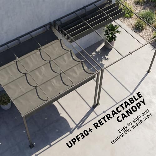 Outsunny 10' x 10' Retractable Pergola Canopy, Wall-Mounted Pergola with with Drainage Holes, Outdoor Sun Shade Shelter, UPF30+ and Water-Repellent for Patio, Garden, Dark Grey