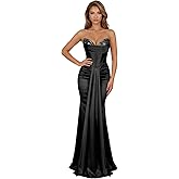WENKAFO Mermaid Satin Corset Prom Dresses with Tie 2026 Long Pleated Sequin Strapless Formal Evening Gown WA136