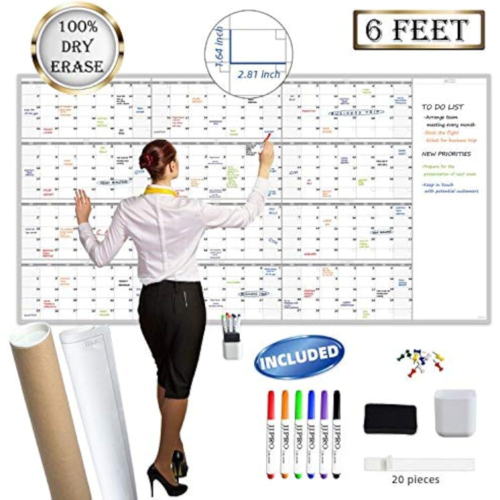 Large Reusable Dry Erase Yearly Wall Calendar Jumbo Premium Laminated 