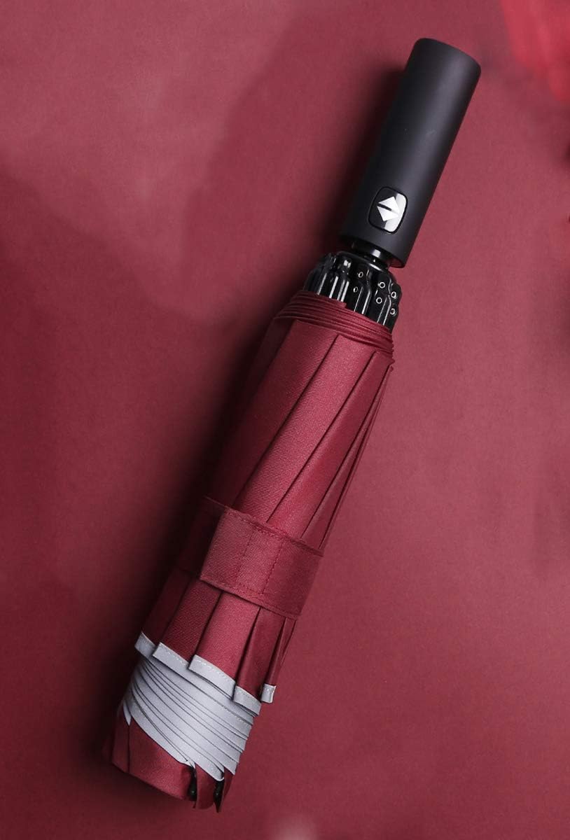 10 Ribs Inverted Folding Umbrella Windproof Travel Portable Reverse Umbrella with Reflective Stripe Auto Open and Close for Women Men Travel Outdoor (Red) - Image 3