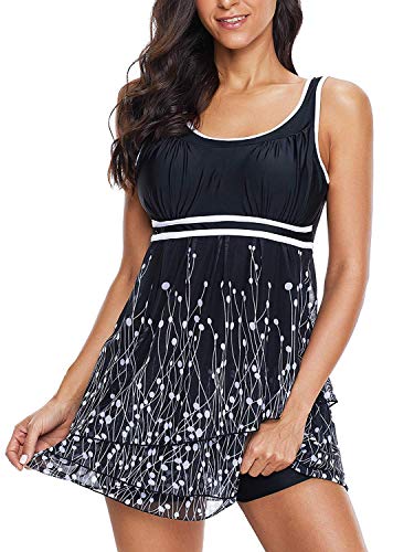 LAMISSCHE Womens 2 Piece Swimsuits Tankini Top Set with Boy Shorts Slimming Swimdress Swimwear(Two-Piece Black Flowers,2XL)