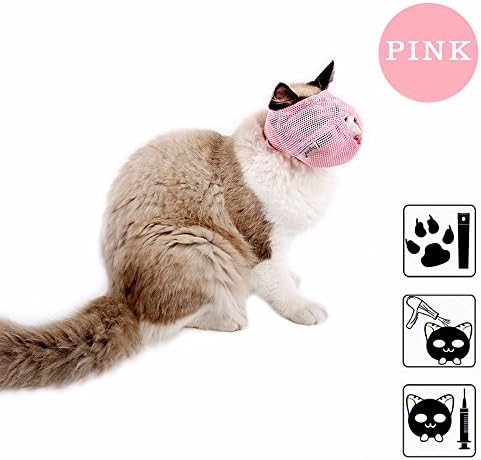 FUGUS Multi-functional Cat Muzzles - Breathable Mesh Muzzles with velcro Adjustable, Anti-bite Licking and Chewing,L,Pink