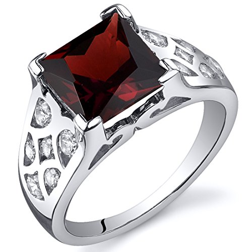 Garnet Ring Sterling Silver Rhodium Nickel Finish Princess Cut 3.00 Carats Size 8