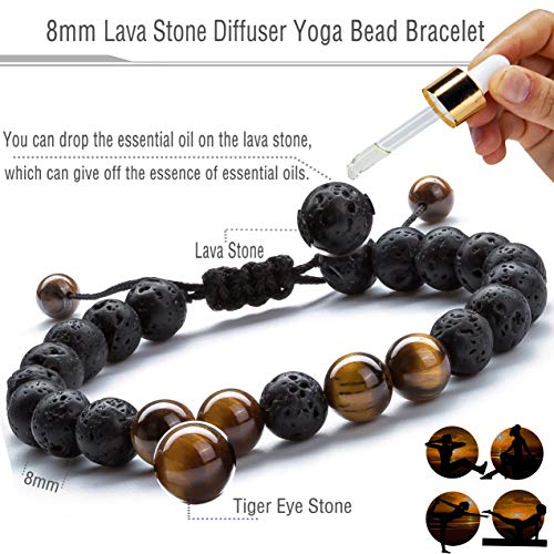 Hamoery Men Women 8mm Lava Rock Aromatherapy Anxiety Essential Oil Diffuser Bracelet Braided Rope Natural Stone Yoga Beads Bracelet Bangle(Tiger Eye)