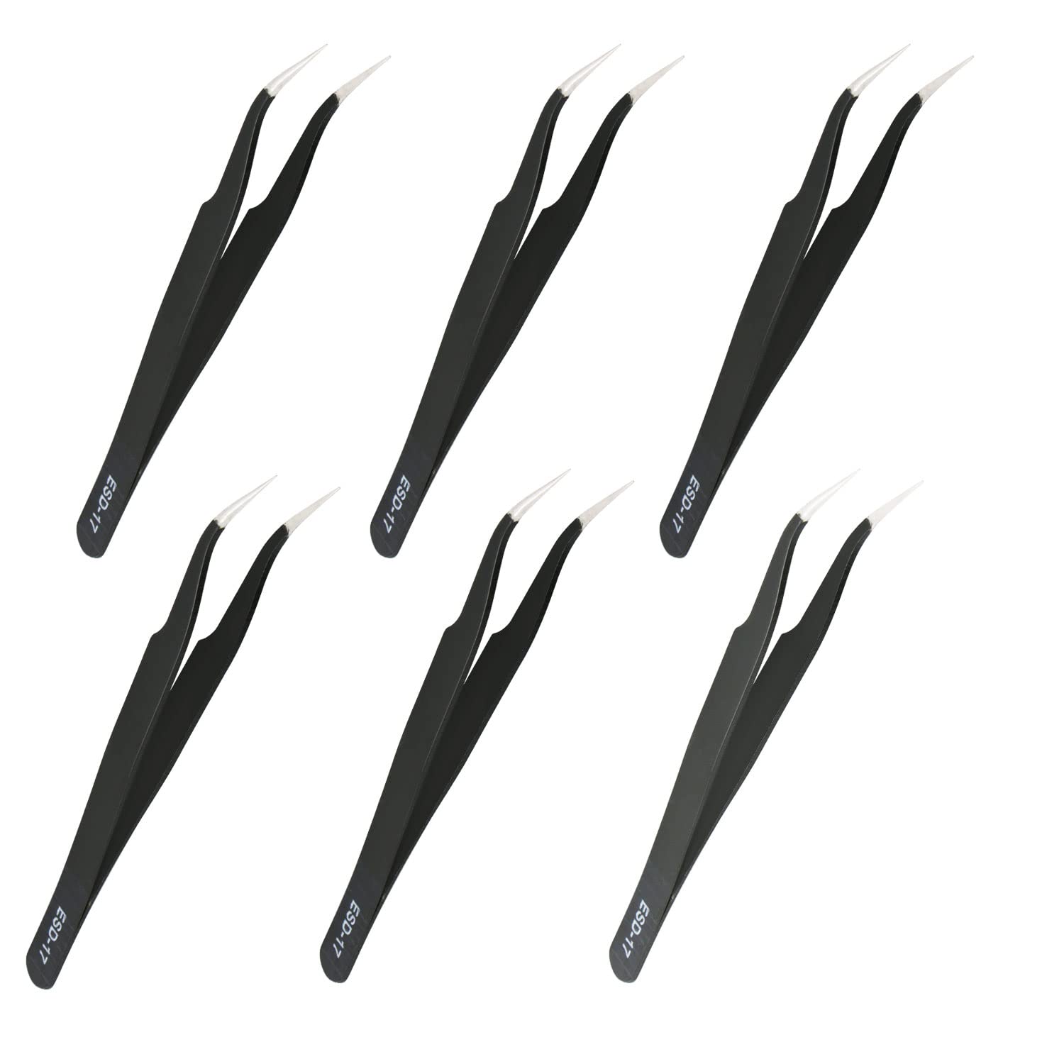 Aopin 6pcs ESD-17 Anti-Static Precision Tweezers, Anti-Static Multi-Function, Suitable for Electronic Repair, Laboratory Operation, Jewelry Making Process, Welding Package Plastic, Black,