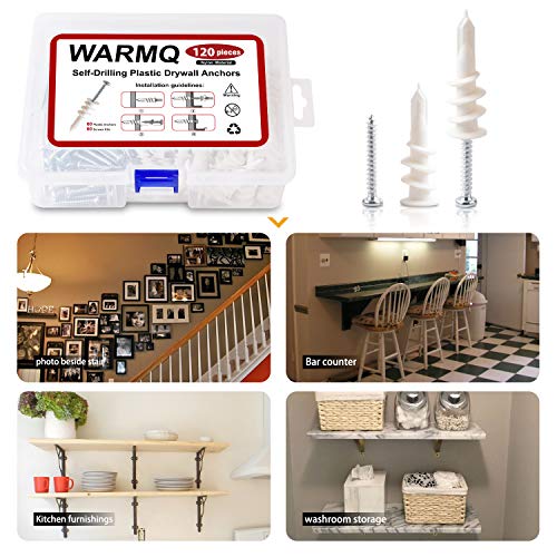 Drywall Anchors Plastic Self Drilling Hollow Wall Screw Anchors with Tapping Screws Assortment Set kit (120)