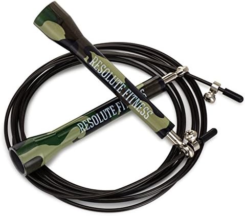 Resolute Fitness Custom Made Crossfit Speed Jump Rope with Metal Bearings, Plastic Handles and Adjustable PVC Coated Wire, Camouflage