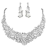 EVER FAITH® Flower Ribbon Ivory Color Cream Simulated Pearl Austrian Crystal Necklace Earrings Set