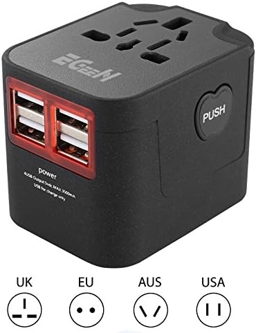 Universal Travel Adapter,Wall Power Converter Plug with 4 USB Charging Ports,AC Power Outlet Electric Wall Charger for Europe USA UK Australia (black),Built-in Fuse