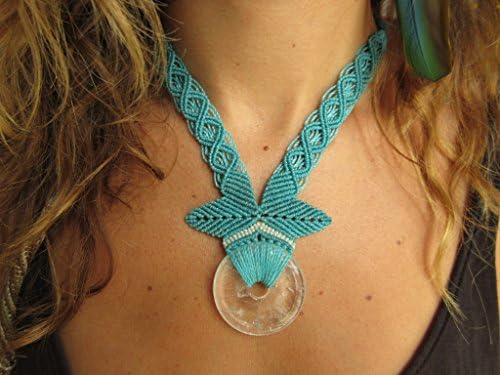 Natural Cristal Quartz Macrame Blue Turquoise necklace handmade with natural stone mineral round donut shape 40mmX40mm
