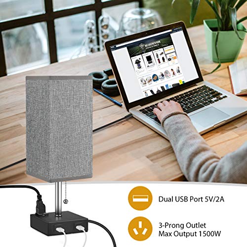 USB Table Lamp, MOICO Bedside Nightstand Lamp Square Fabric Shade with 2 USB Charging Port and 3-Prong AC Outlets, Modern Design Desk Lamps for Bedroom, Living Room, Kids Room, College Dorm, Bookcase