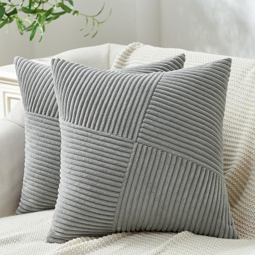 Topfinel Cushion Covers 30 x 30 cm Grey Velvet Cushion Covers with Invisible Zipper Striped Pattern for Living Room Bedroom Balcony Exterior 2 Pieces