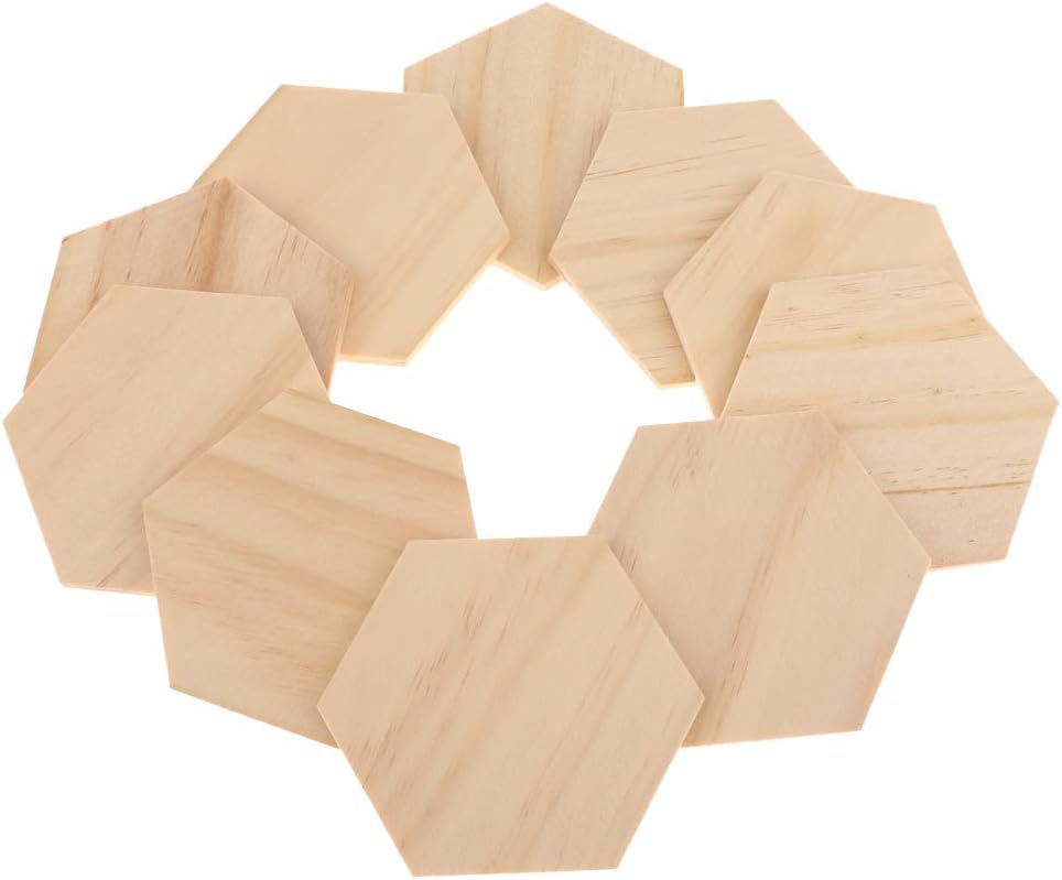 IPOTCH 3.5x3.1 Inch Wood Hexagon Cutout Shapes Unfinished Wood Mosaic Tile - 10 pcs Rustic Wood Coasters Bulk for Drinks Crafts Painting Drink Coaster