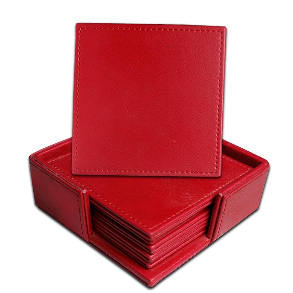Square Tea Coasters pack of 6 with holder for bar, home, office, Genuine/Real Leather, Non-Slip, Heat Resistant Coasters, bar coasters, Drink coasters. (Red)