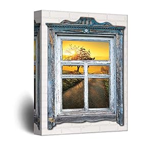 Canvas Wall Art Rustic View Through Vintage Window Theme Painting Artwork for Home Prints Framed - 12x18 inches