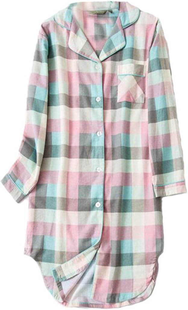 PNAEONG Women's Flannel 100% Cotton Nightgown Button Down Boyfriend Nightshirt Mid-Long Style Sleepshirt Pajama Tops