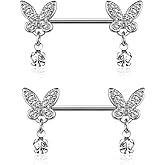Pierced Owl 14GA 316L Stainless Steel CZ Crystal Butterfly Ends with Dangling Gems Nipple Barbells, Sold as a Pair