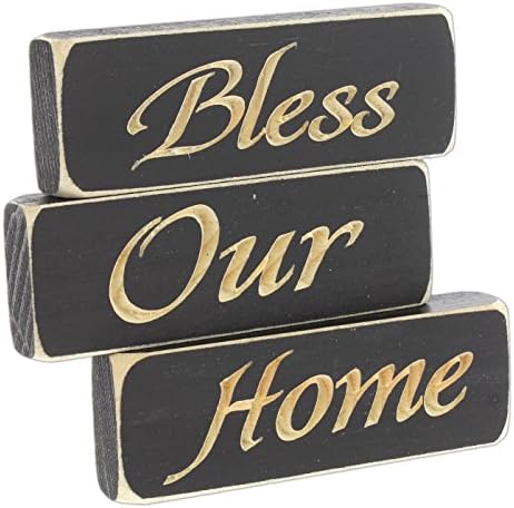 Set of 3 Heartwood Hollow 5" x 1.5" Inspirational Engraved Wood Block Signs (Bless Our Home)