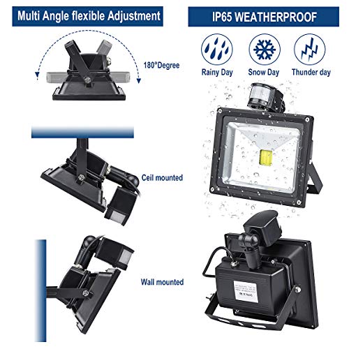 Motion Sensor Floodlight Outdoor, 20W Induction LED Lamp, IP65 Waterproof Spotlight, 6500K 1600LM LED Sensor Light,160W Bulb Equivalent Security Light with US 3-Plug(Daylight White) - Thumbnail 2