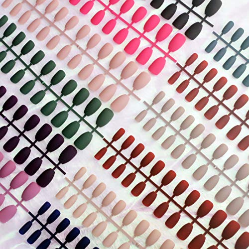 editTime 12 sets/288pcs Solid Colors Matte Acrylic Ballerina Coffin False Nails Full Cover Fake Nails Tips Natural Medium False Naill with a Crystal Nail Rubbing Strip