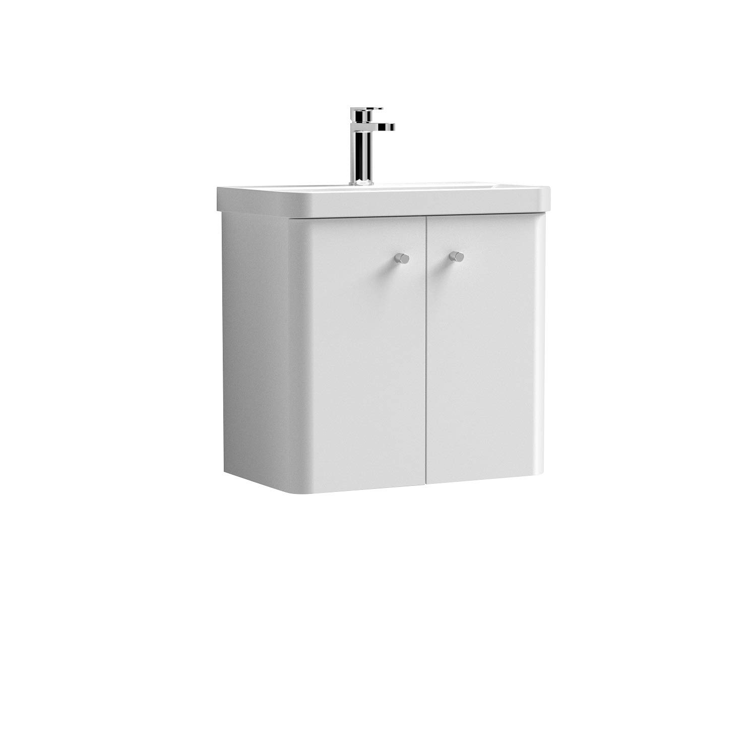 Nuie COR105 Core Modern Bathroom Wall Hung 2 Door Vanity Unit and 1 Tap Hole Ceramic Basin, 589 x 605 x 355mm, Gloss White