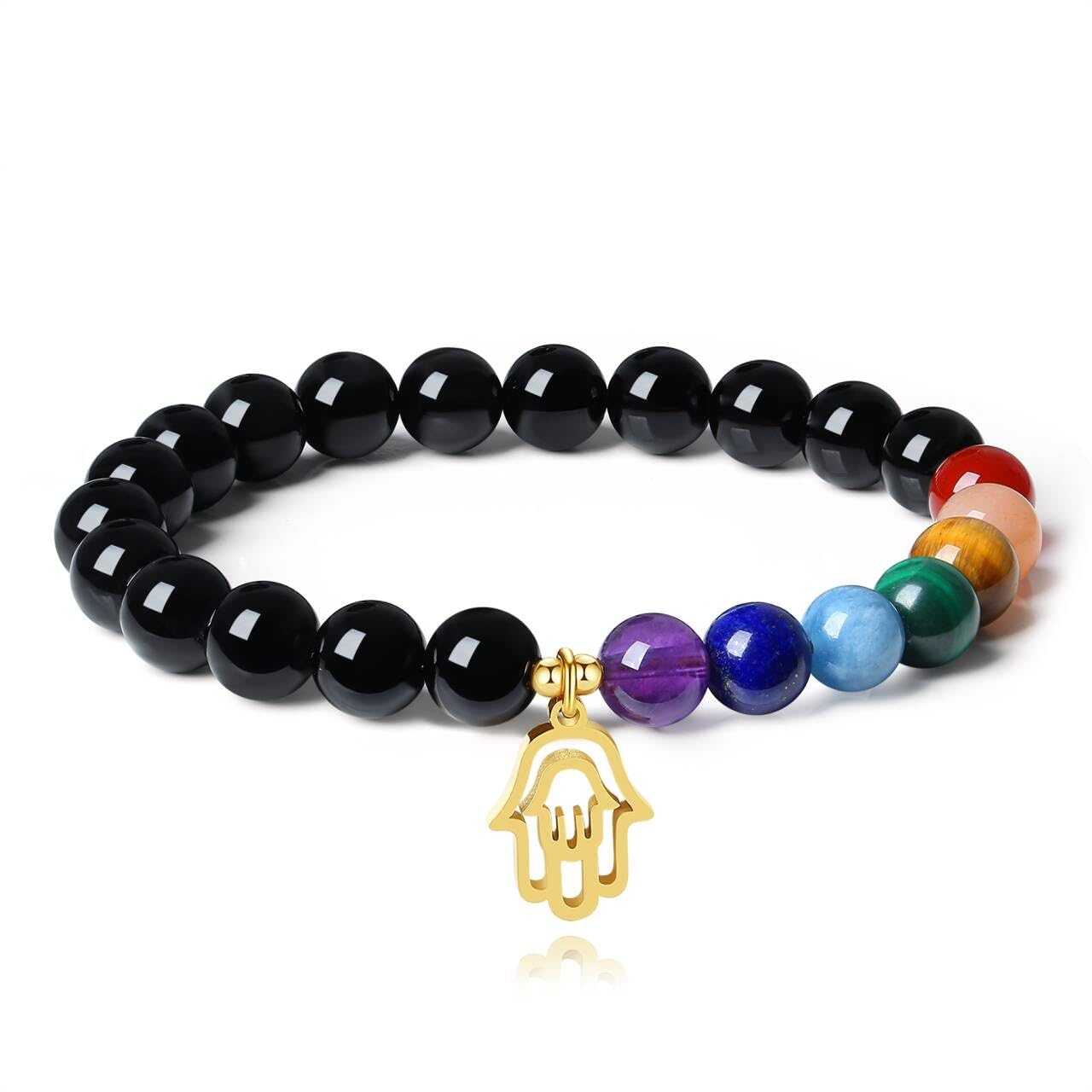 COAI Hamsa Hand Bracelet 7 Chakra Balancing Bracelet Black Tourmaline Bracelet for Women Men