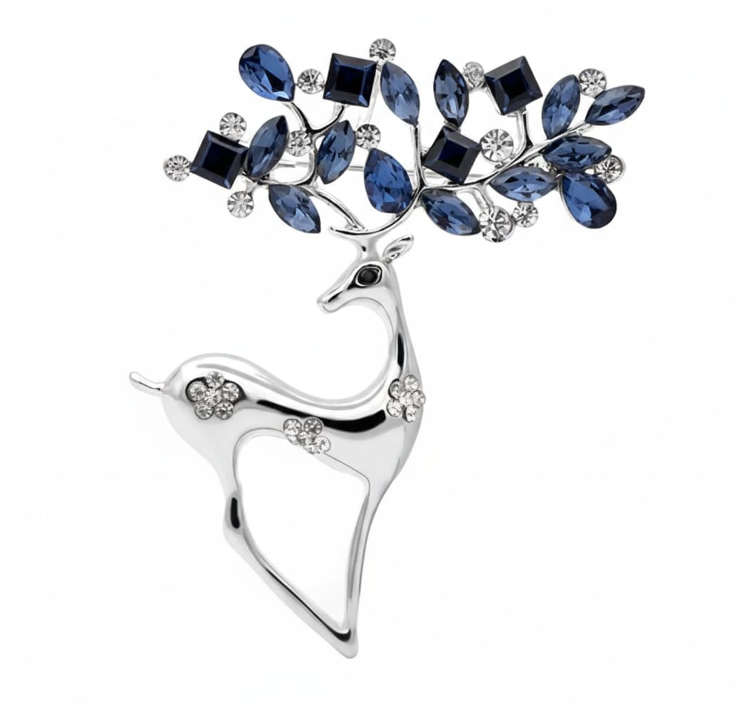 Lovely Deer Crystal Brooch Pin Dark Blue Enamel Silver-Color Accessory, Cute Elegant for Women, Ladies