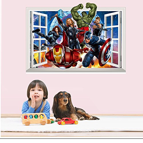 Fangeplus(TM) 3D The Avengers iron Man Hulk Captain America Window View DIY Removable Art Mural Vinyl Waterproof Wall Stickers Kids Room Decor Nursery Decal Sticker Wallpaper 23.6''x11.8''