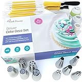 28 Pieces Cake Decorating Kit. Top-Grade Stainless Steel Bakery Supplies. Set of 5 Russian Piping Tips, 5 Regular Cone Tips, 1 Spatula, Scraper, Cupcake Corer, Fantang Tool, Disp. Bags, Reduce Bag