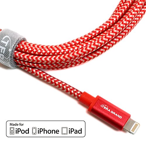 [Apple MFi Certified] Tera Grand 10 Ft Lightning to USB Braided Cable with Aluminum Housing Red & Gold iPhone X 8 8 Plus 7 6 Plus 6 5s 5c 5 iPad Air 1/2 Mini 1/2/3 iPad 4th gen iPod 5th gen iPod nano
