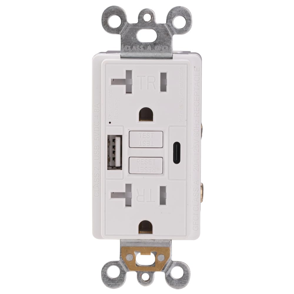Photo 1 of Combination 20A Self-Test GFCI Outlet and Type A & Type-C USB in-Wall Charger Outlet with 5V/4.8A, High Speed Charging for Smartphones and Tablets, ETL Listed, Wallplate Included, 1 Pack, White