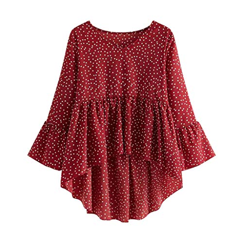 Lutos Plus Size Women Casual V-Neck Ruffles Polka Dot High Low Flounce Sleeve Peplum Tops T Shirt Blouse Red