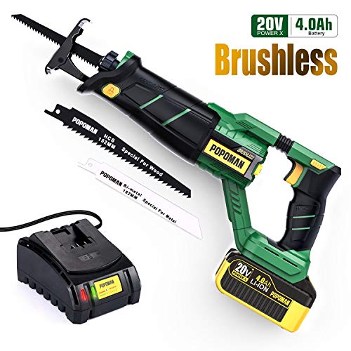Cordless Reciprocating Saw, POPOMAN Brushless 20V with 4.0A Lithium-Ion Battery, Fast Charger, 1-1/8"(28mm) Stroke Length, 0-2500 SPM Variable Speed, 2 Blades for Metal&Wood, Christmas Tree -MTW200B