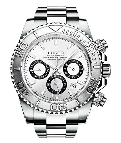 LOREO Mens Automatic Machine Multifunction Silver Stainless Steel Sapphire Glass Waterproof Watch