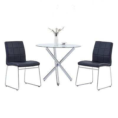 STYLIFING Dining Set with Round Glass Top and Chrome Metal Legs