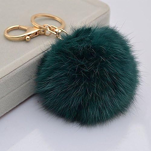 BOGOFOU Rabbit Fur Ball Pom Pom Key Chain Gold Plated Keychain with Plush for Car Key Ring or Handbag Bag Decoration (Atrovirens)